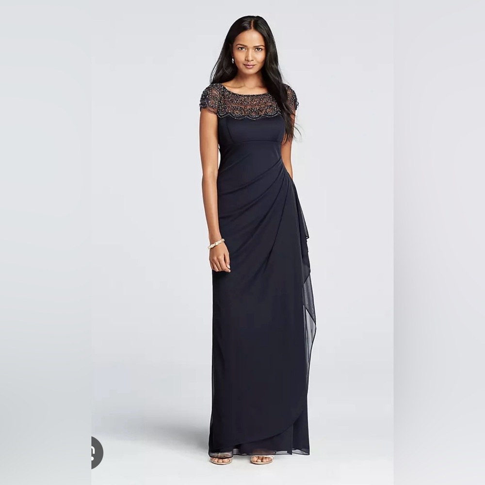 MSK Chic Beaded Cap Sleeve Gown in Navy Blue